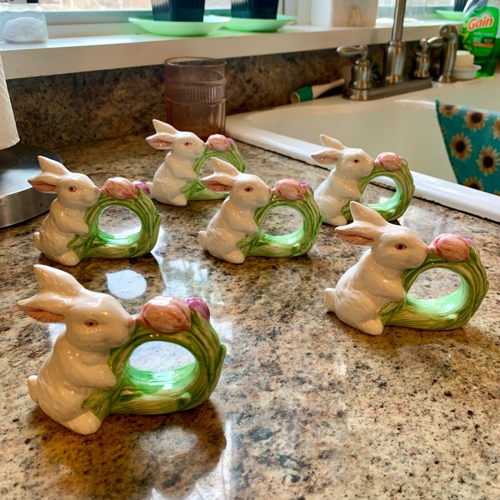 Six Vintage Spring Easter Bunny Napkin Rings